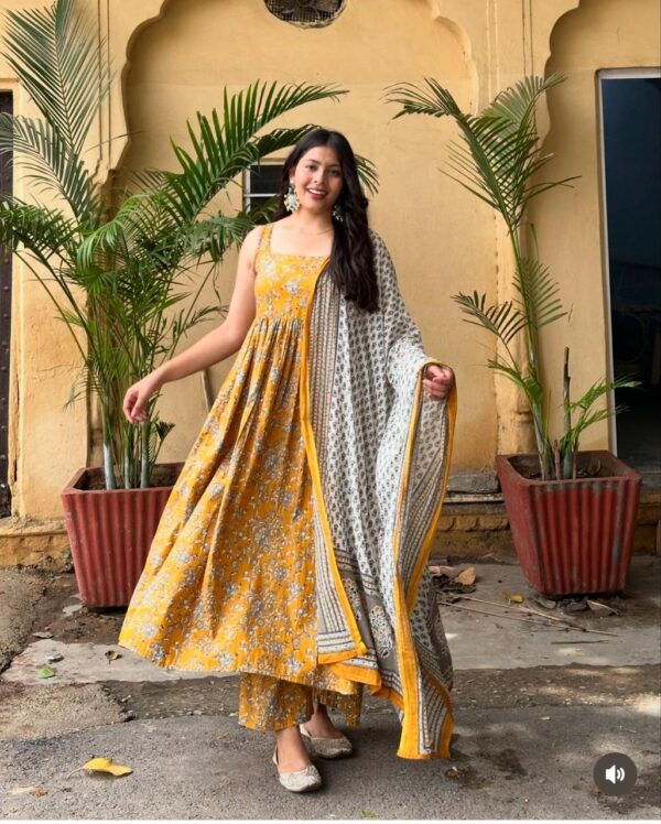 Mustard & Floral Kurta Set with Dupatta