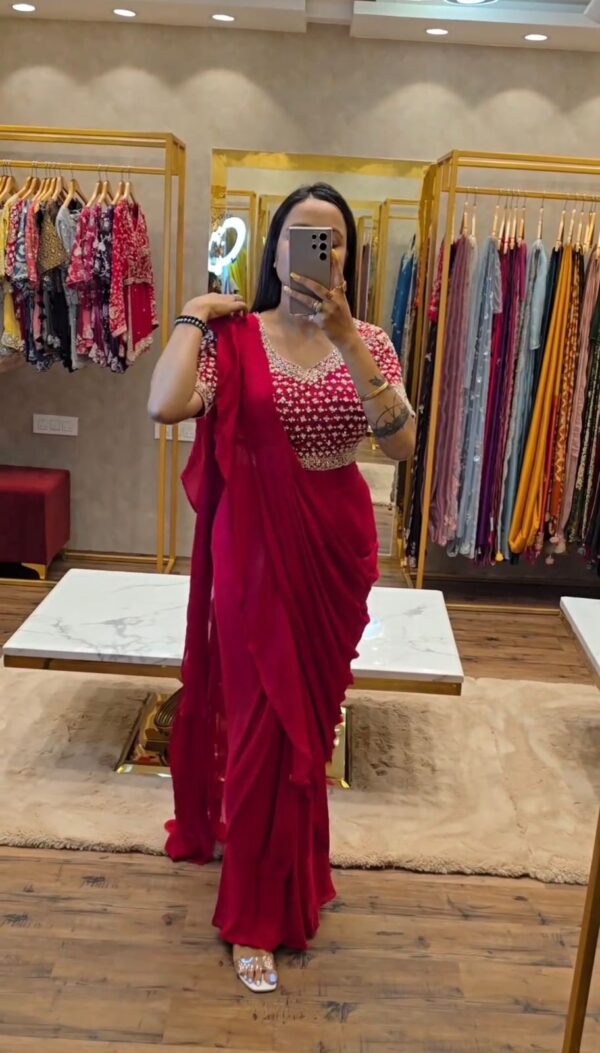🎗 Designer Full Stitched Pre-Draped Saree on Chinon Fabric with Thread & Sequin Work