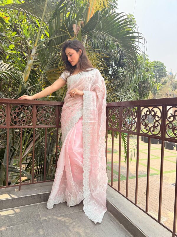 Celestia Silver Hand-Embroidered Organza Silk Saree